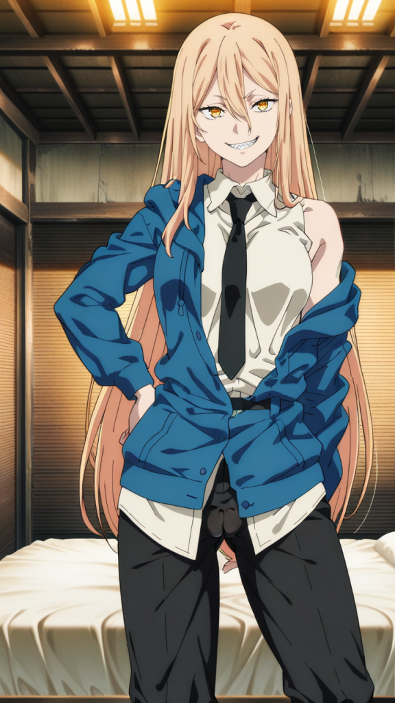Power di Chainsaw Man in stile anime AI. Personaggio femminile biondo con giacca blu e cravatta.