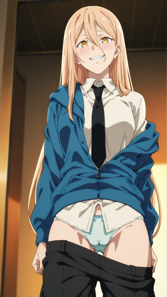 Power di Chainsaw Man AI. Manga, anime, ragazza bionda con canini, abbigliamento casual. Fan art.