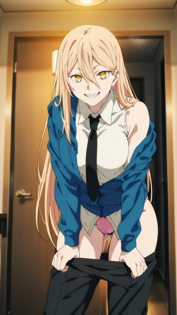 Power di Chainsaw Man, immagine AI. Bionda, occhi dorati, in camicia e cravatta, pantaloni abbassati.