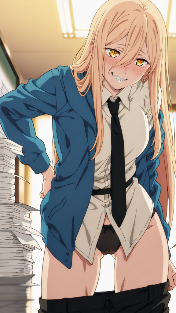 Power di Chainsaw Man in versione erotica AI. Manga/Anime, capelli biondi, occhi dorati.