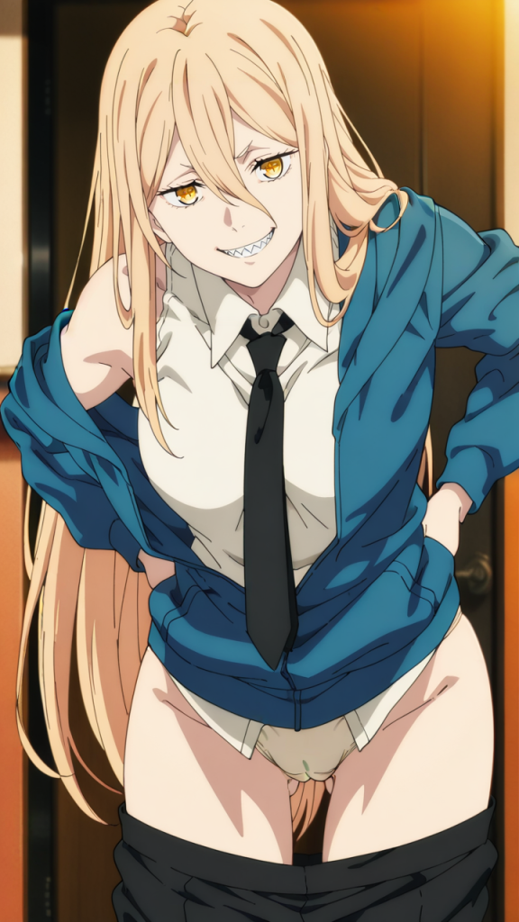 Power di Chainsaw Man in posa erotica. Manga/anime girl bionda con occhi dorati e sorriso malizioso.