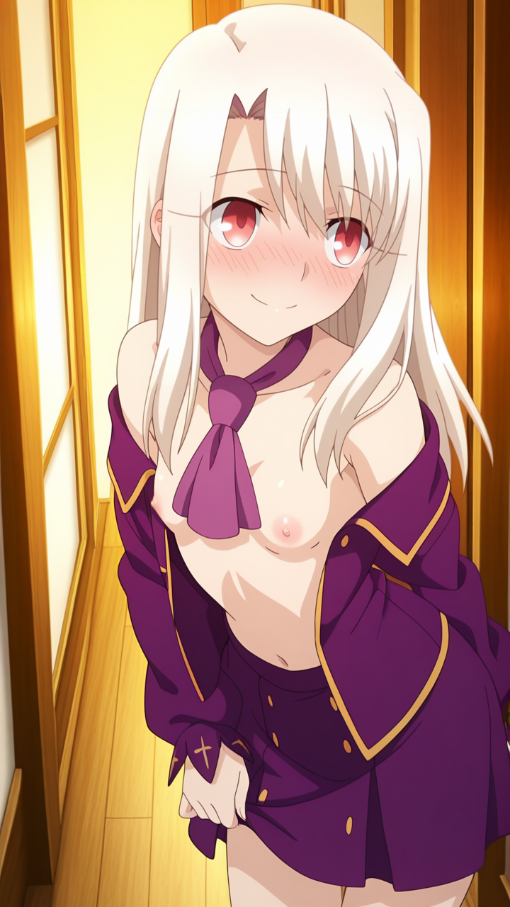 Anime Fate/stay night: Illyasviel von Einzbern in abiti viola, guance rosse.