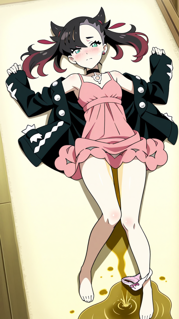 Anime NSFW: Marnie (Pokémon) distesa, vestito rosa, perdita di urina. Arte AI.