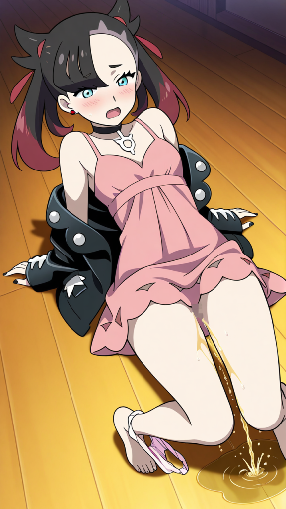 Marnie (Pokémon) in abito rosa. Anipoke urina. Immagine AI generata.
