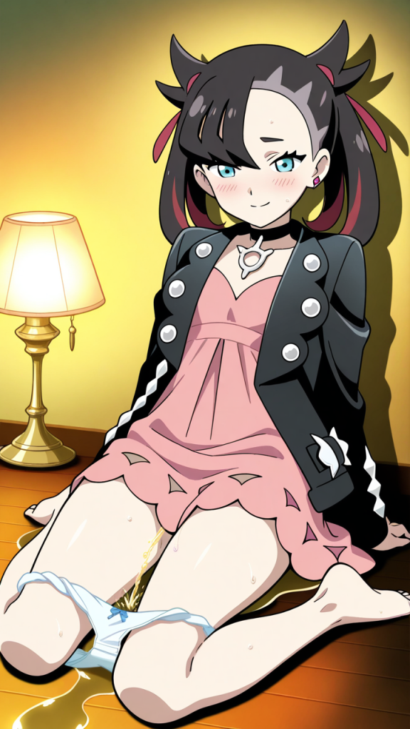 Marnie (Pokémon) fa pipì. Anime, AI generata.