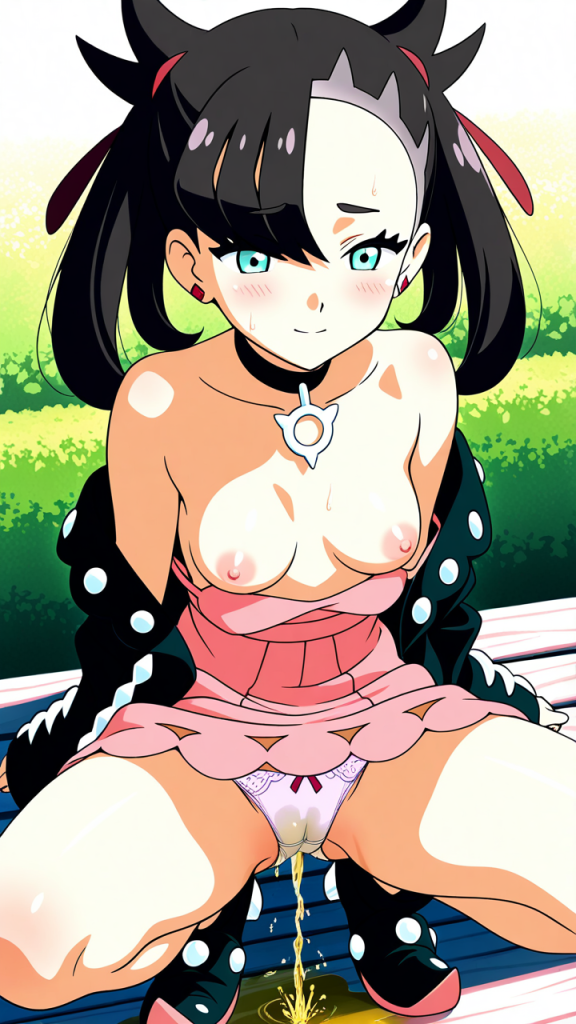 Marnie (Pokemon) fa pipì. Anime girl erotica, fanart AI.