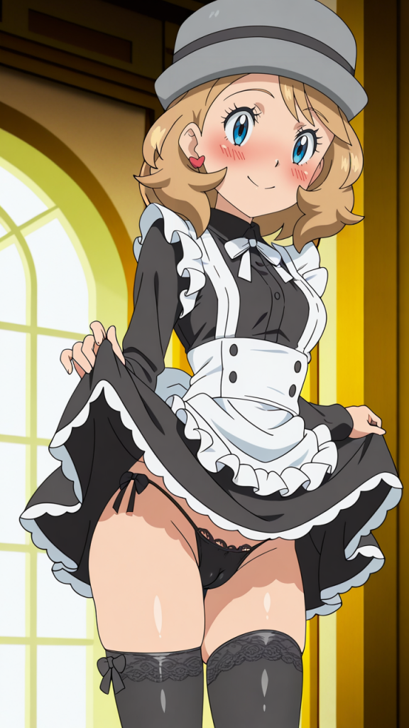 Serena (Pokémon) in costume da cameriera. Anime, fan service.