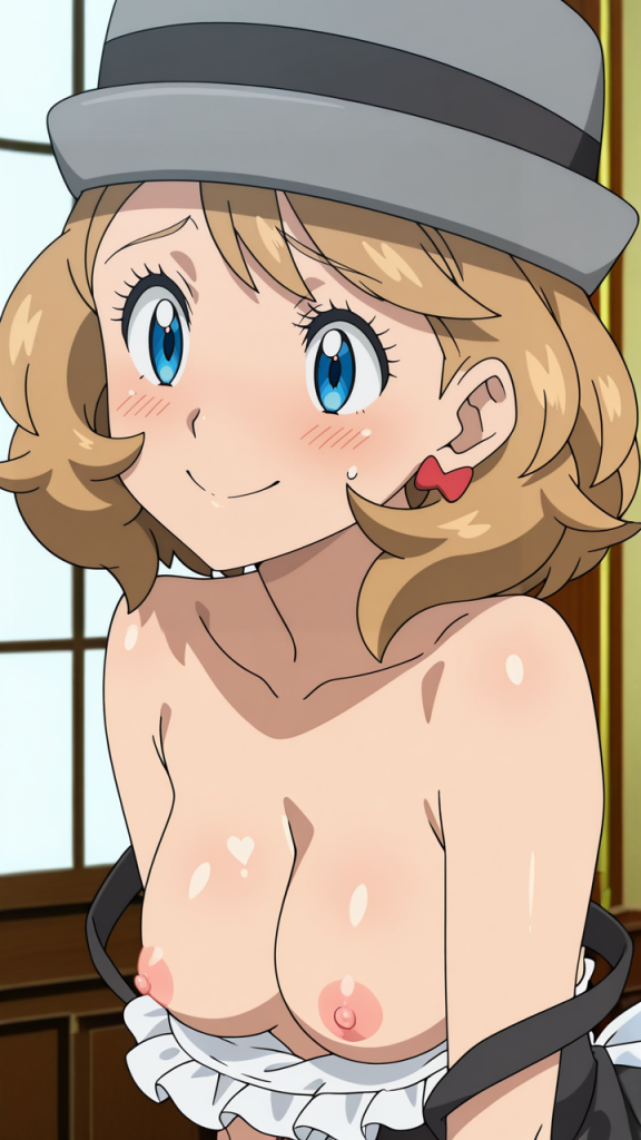 Serena (Pokémon) in stile maid, creata con AI. Fanart erotica.