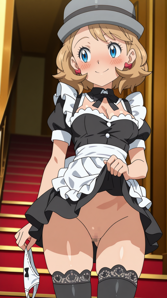 Serena (Pokémon) in abito da cameriera. Fanart AI di anime erotici.