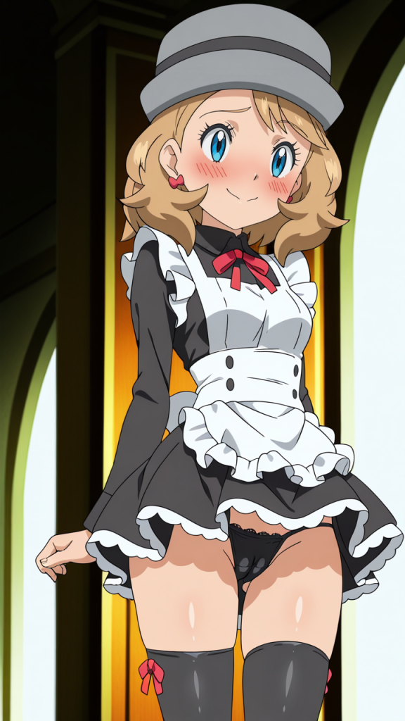 Serena (Pokémon) in abito da maid, stile anime. Grafica AI.