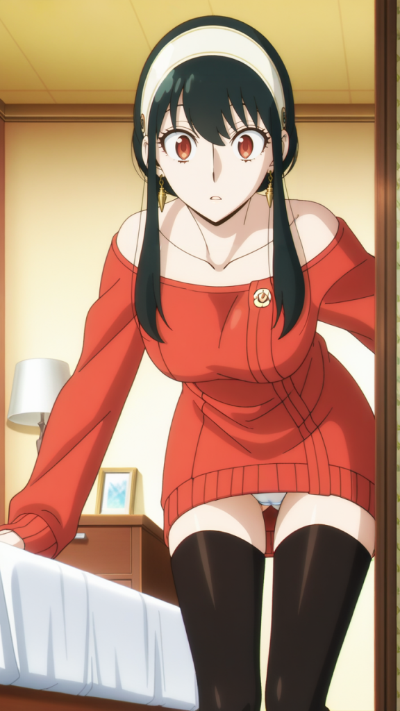 Yor Forger (SPY x FAMILY) in abito rosso e calze nere. Fanart AI.