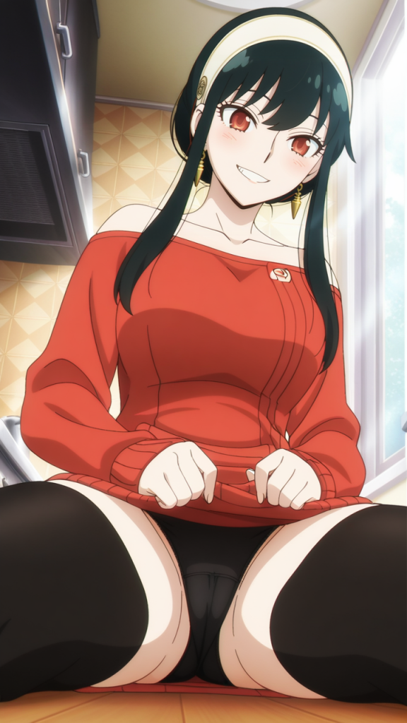 Yor Forger (SPY x FAMILY) in maglione rosso e collant neri. Immagine AI.