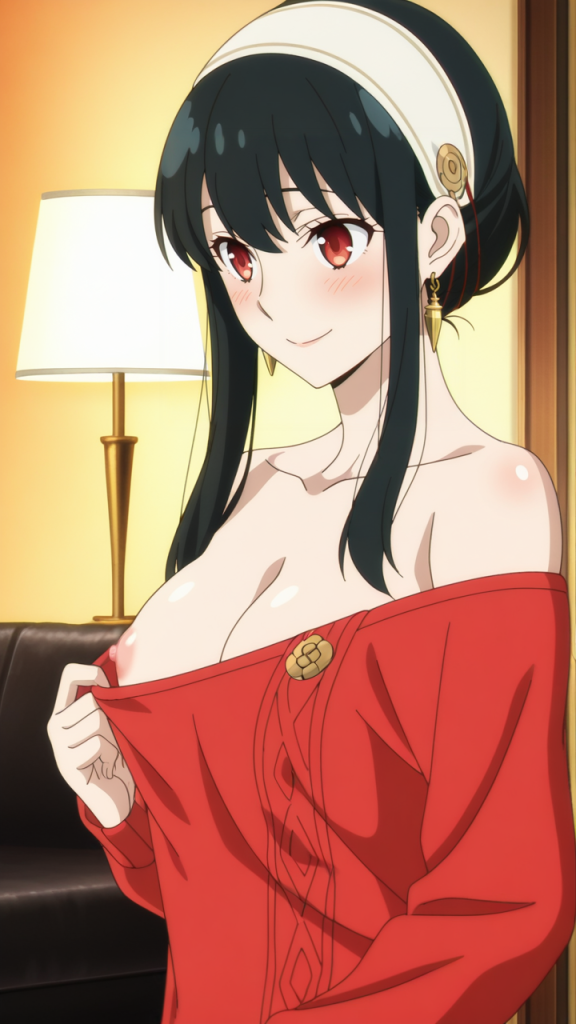 Yor Forger (SPY x FAMILY) in abito rosso. Anime, AI art.