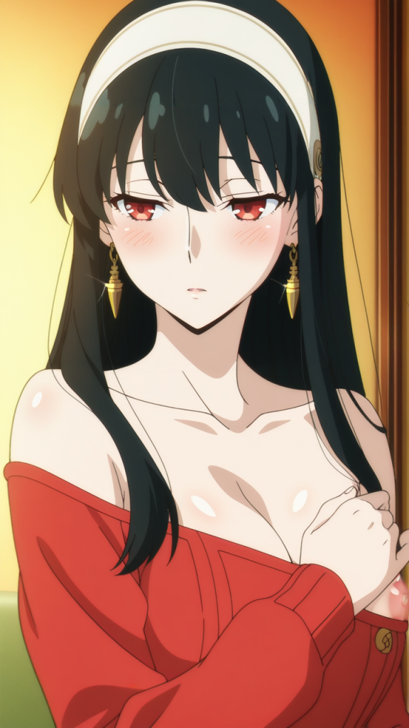 Yor Forger (SPY x FAMILY) in abito rosso scollato. Capelli neri, occhi rossi.