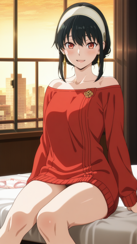 Yor Forger di SPY x FAMILY in abito rosso. Illustrazione AI.