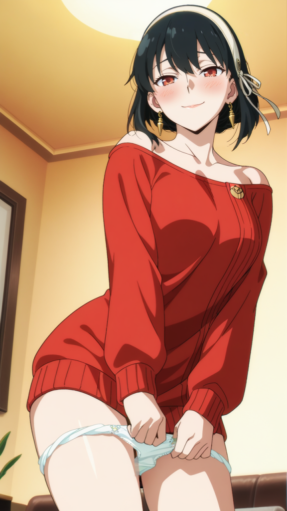 Ero-immagine AI di Yor Forger (SPY x FAMILY). Manga girl in maglione rosso.
