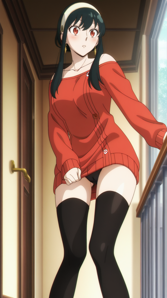 Yor Forger di SPY x FAMILY in maglione rosso e calze nere. Anime AI.