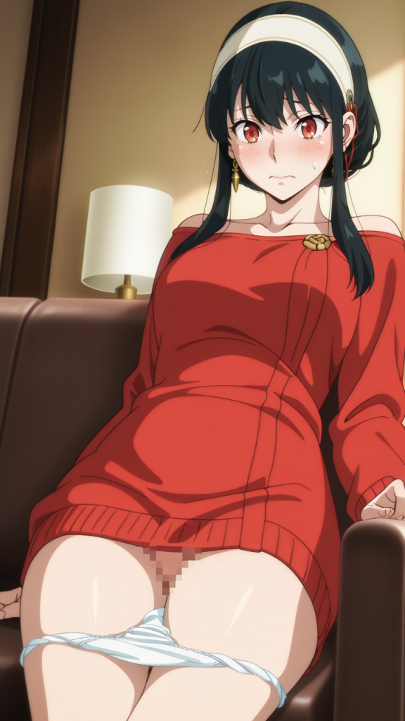 Yor Forger (SPY x FAMILY) in abito rosso, stile anime. Immagine AI.