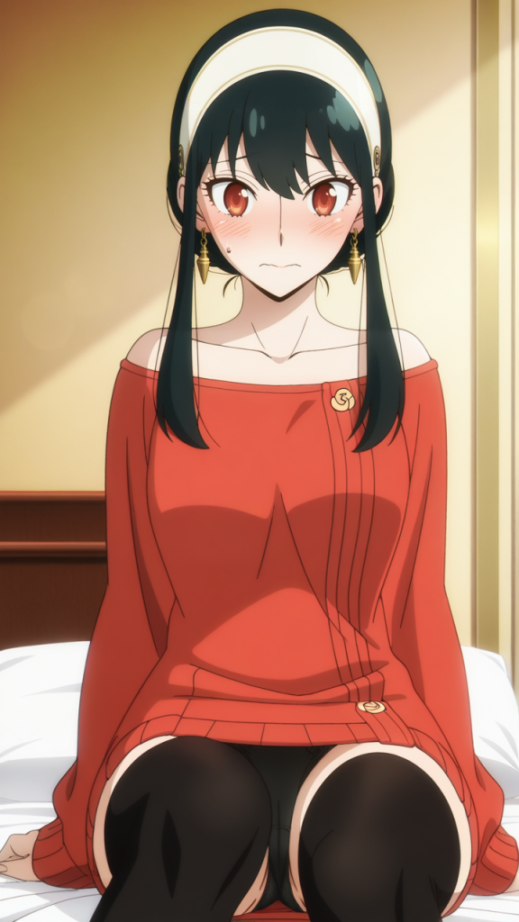 Yor Forger (SPY x FAMILY) in maglione rosso. Immagine AI.