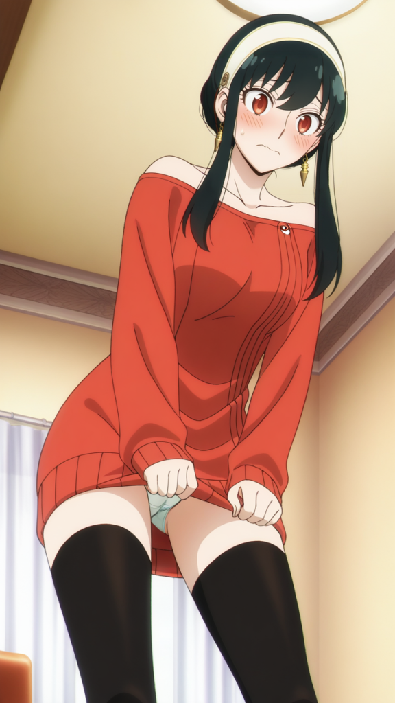 Yor Forger (SPY x FAMILY) in maglione rosso e calze nere. Immagine AI.