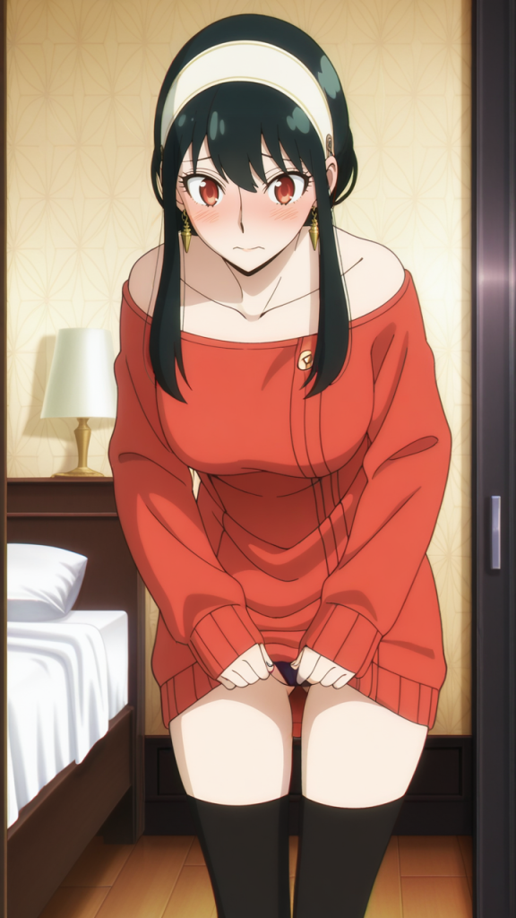 Yor Forger (SPY x FAMILY) in maglione rosso. Arte AI.