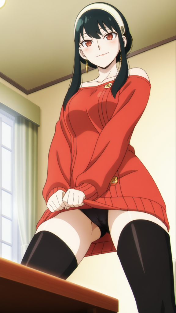 Yor Forger (SPY x FAMILY) in maglione rosso e calze nere. Fanart AI.