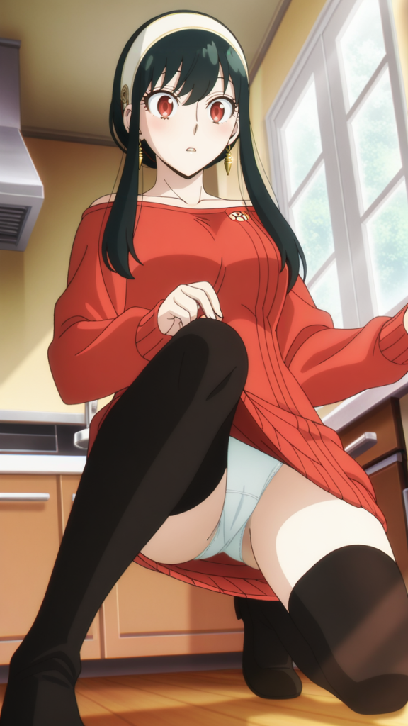 Yor Forger (SPY x FAMILY) in maglione rosso e calze nere. Fanart AI.