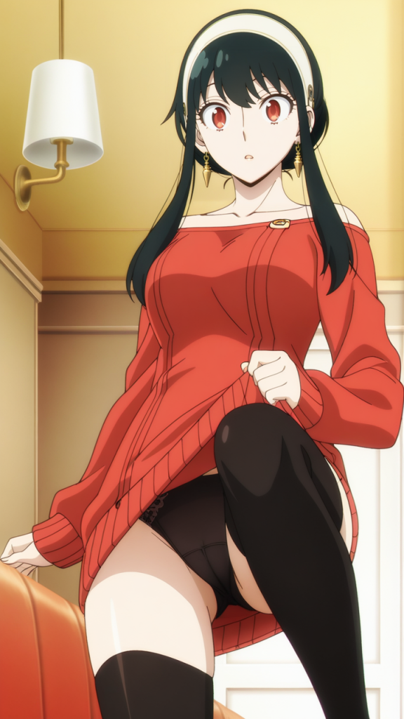 Yor Forger (SPY x FAMILY) in lingerie e maglione rosso. Immagine AI.