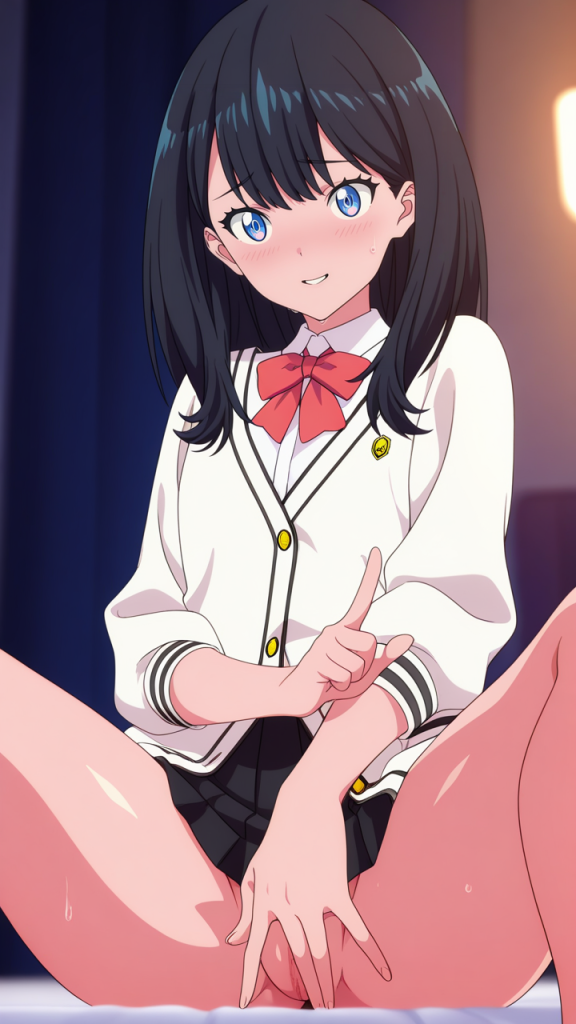 Rikka Takarada (SSSS.GRIDMAN) in posa erotica. Anime girl in uniforme scolastica. Immagine AI.