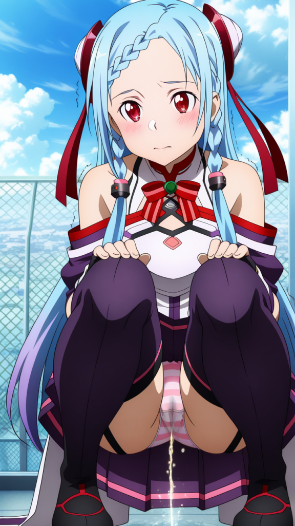 Yuna (SAO) anime fa pipì. Ero-immagine AI di Sword Art Online-Ordinal Scale.