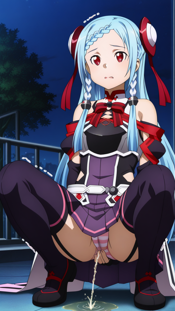 Yuna (SAO) fa pipì. Anime Sword Art Online: Ordinal Scale. Immagine AI.