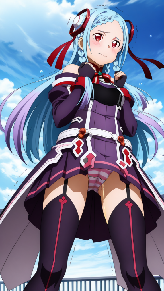 Yuna (SAO) in stile anime. Immagine AI di Sword Art Online che fa pipì.