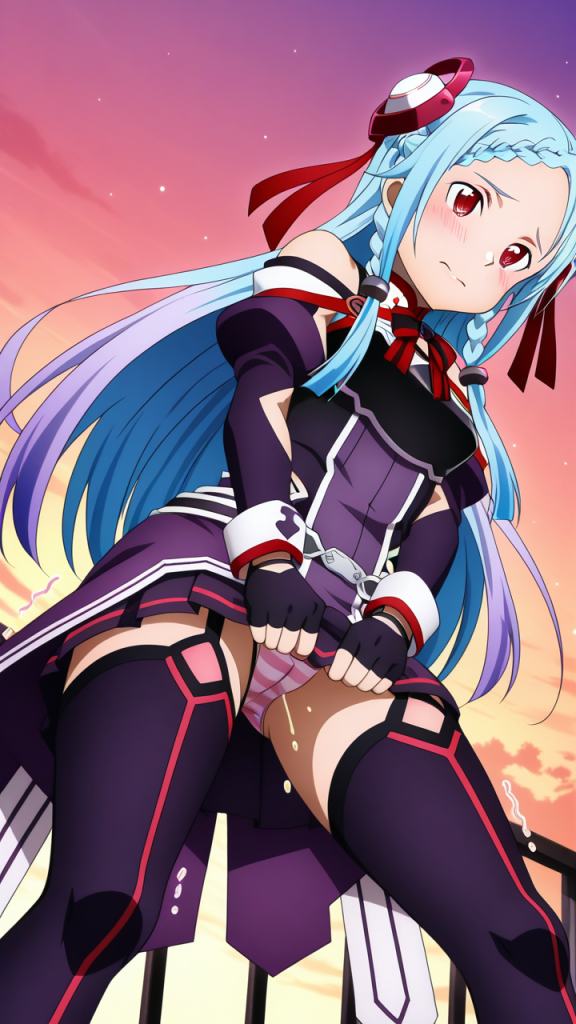 SAO ユナ オーディナル・スケール: Anime girl con capelli blu e occhi rossi. Fa pipì.