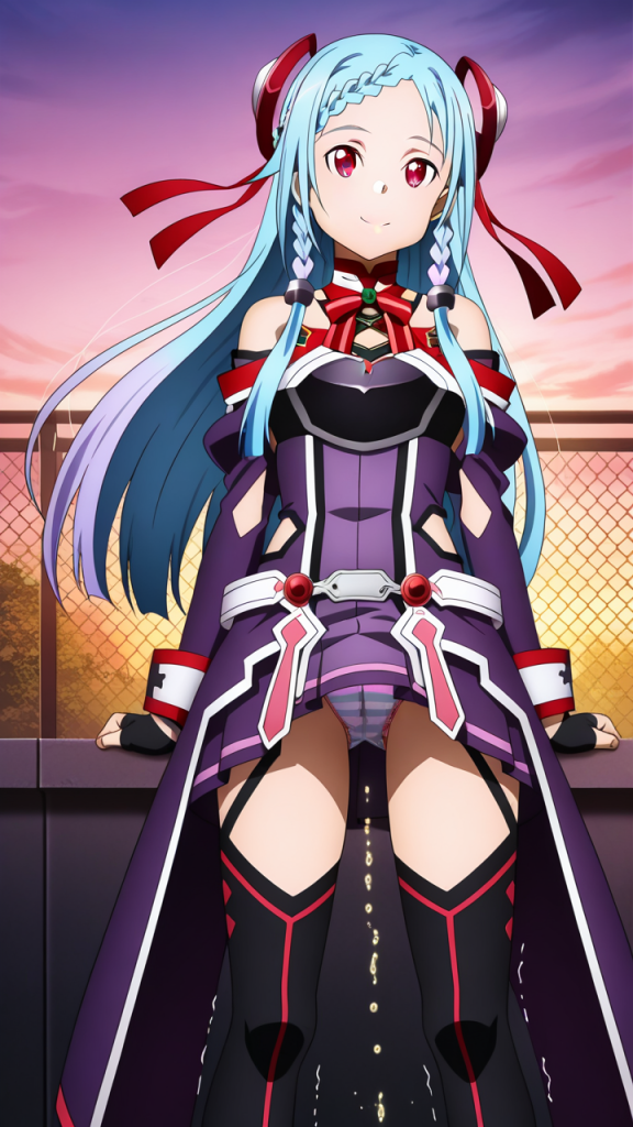 Yuna (SAO) in stile anime. Immagine AI di Sword Art Online: Ordinal Scale. Ragazza fa pipì.