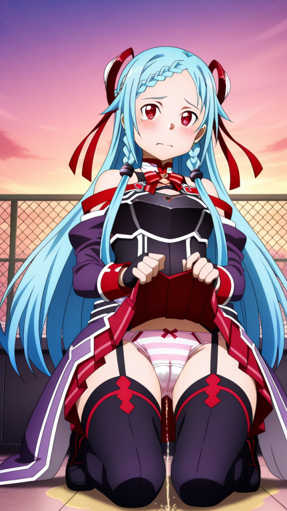 Yuna (SAO) オーディナル・スケール. Anime girl che fa pipì. Immagine AI.