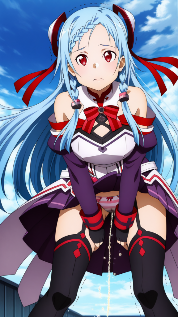 Yuna (SAO) in stile anime. Ordinal Scale. Ragazza fa pipì. Immagine AI.