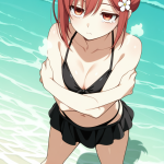 【エロ画像】AI_深緑ウェーブ揺らす、深紅のビキニ美女