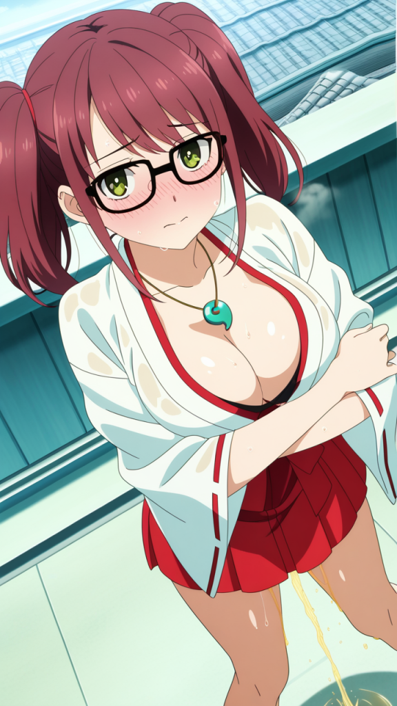 赤髪ツインテール眼鏡巫女 おしっこ・放尿 AI エロ画像