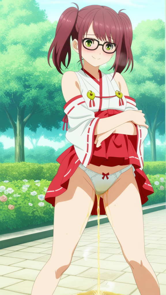 赤髪ツインテール眼鏡巫女 おしっこ・放尿 AI エロ画像