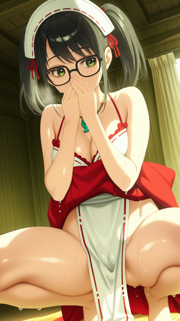 赤髪ツインテール眼鏡巫女 おしっこ・放尿 AI エロ画像