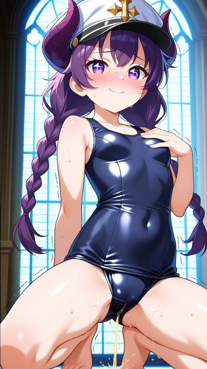 マゼンタツインおさげ貧乳小柄 おしっこ・放尿 AI エロ画像