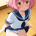 【エロ画像】桜色くせ毛ショート長身貧乳×バック・後背位_AI