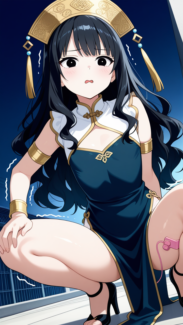 青髪ウェーブロング貧乳小柄 バイブ責め_アニメエロ画像 AI エロ画像
