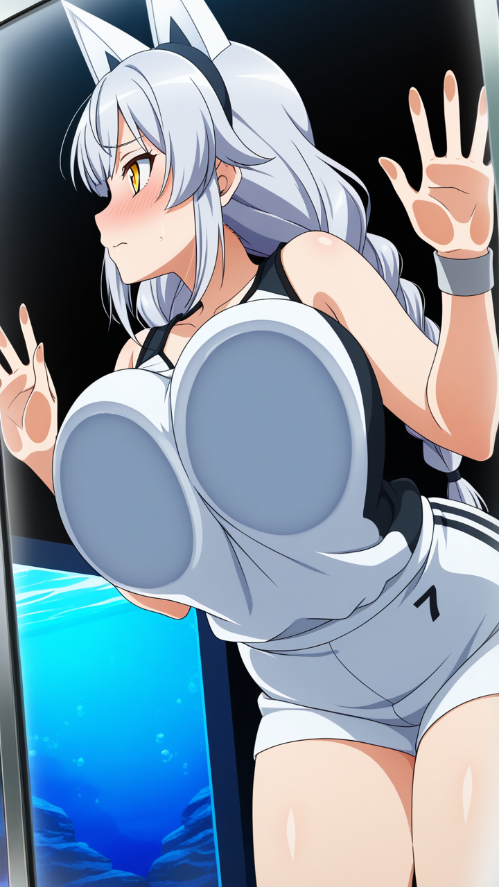 銀髪ツインおさげむっちり ガラスおっぱい押し付け_アニメエロ画像 AI エロ画像