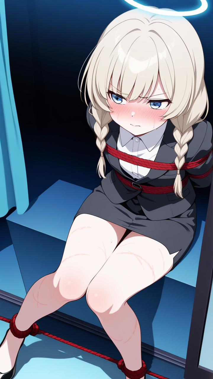 プラチナ髪ツインおさげ貧乳長身 縛り・拘束_アニメエロ画像 AI エロ画像