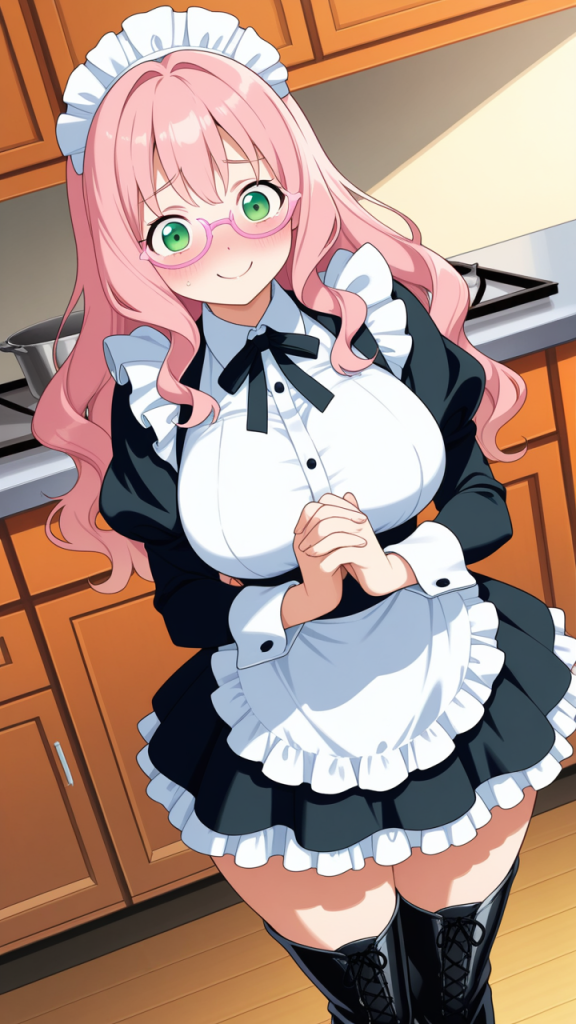 黒青グラデーションロング巨乳 メイド服_アニメエロ画像 AI エロ画像