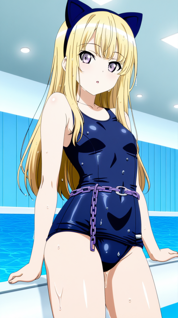 金髪お団子グラマラス猫耳騎士 スクール水着_アニメエロ画像 AI エロ画像