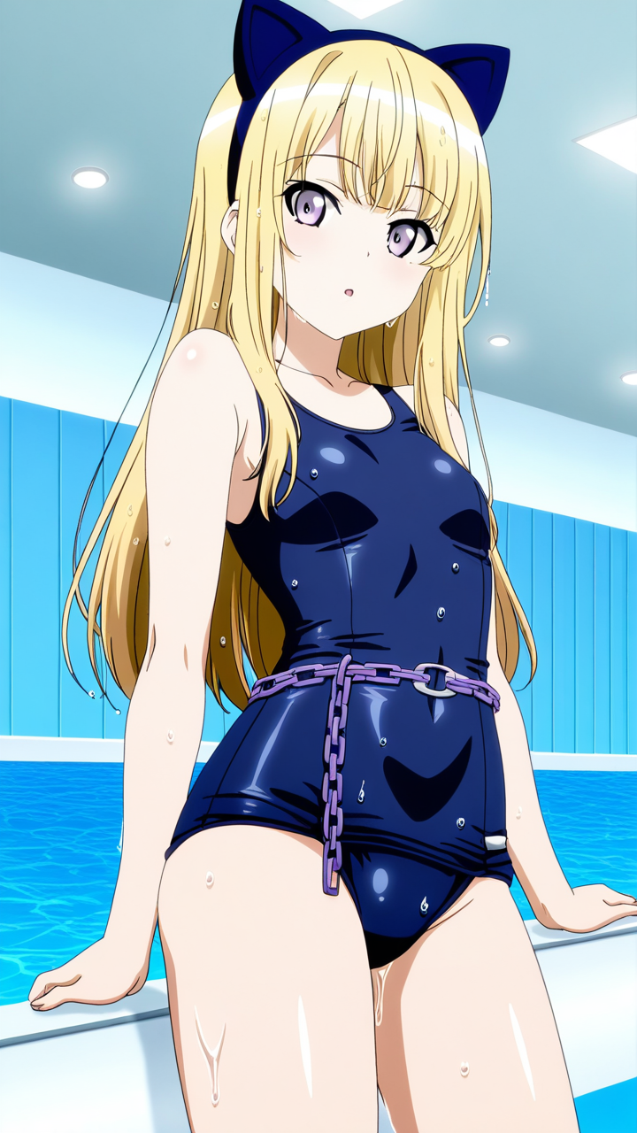 金髪お団子グラマラス猫耳騎士 スクール水着_アニメエロ画像 AI エロ画像