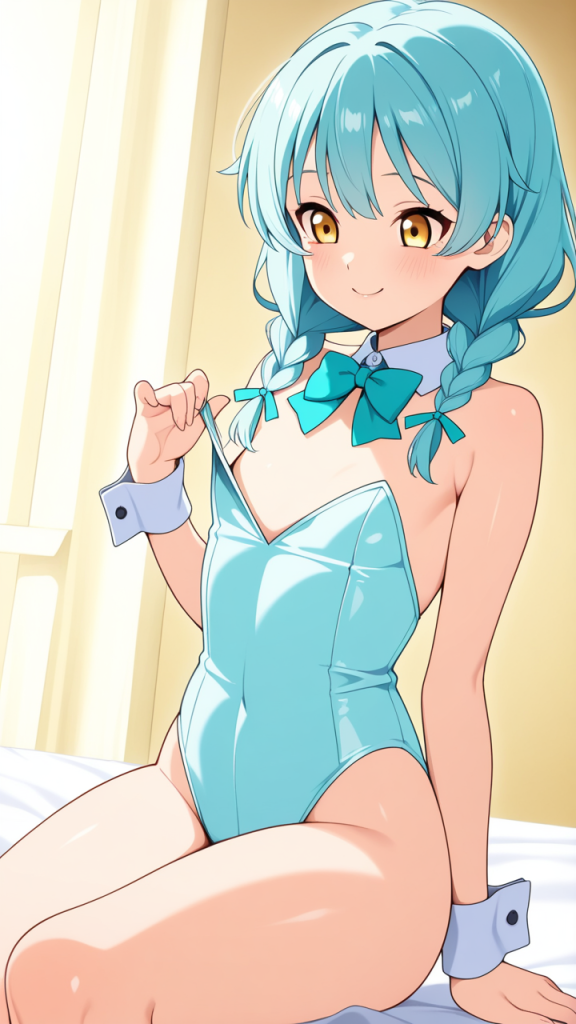 水色三つ編みグラマラス 貧乳・微乳_アニメエロ画像 AI エロ画像