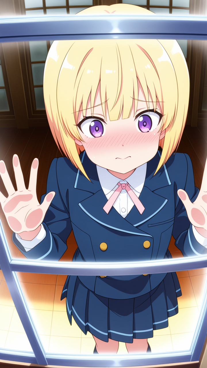 ピンク髪ボブ小柄貧乳 ガラスおっぱい押し付け_アニメエロ画像 AI エロ画像